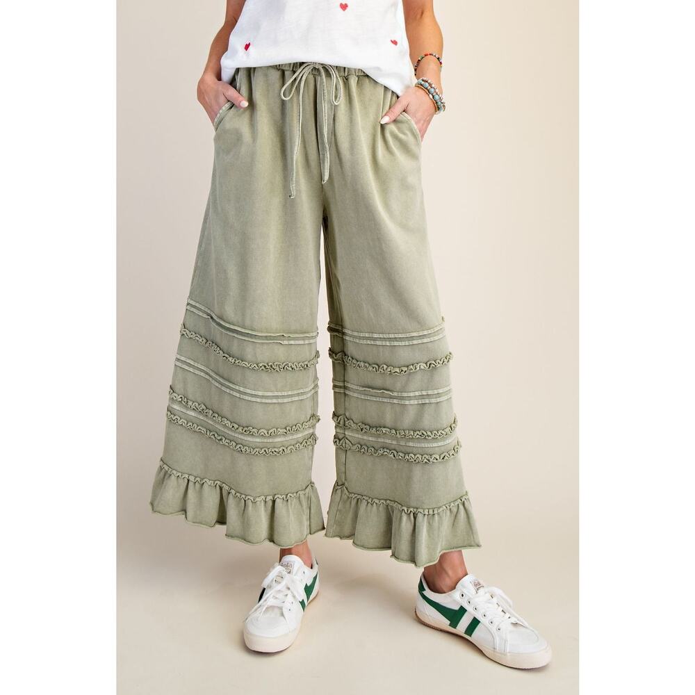 1A6D***EASEL  WASHED TERRY TIERED RUFFLED WIDE LEG PANTS - Picture 3 of 4